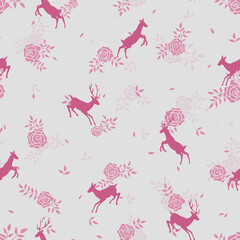 Cute hand drawn deer with flowers seamless pattern, alpine background, great for textiles, banners, Oktoberfest designs, wrapping - vector design