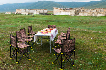 Having picnic near the road to Song Kol Lake, Naryn province, Kyrgyzstan, Central Asia