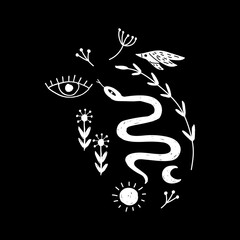 Modern bohemian style, folk tribal art in the Scandinavian style. Folk mythology, Swedish folklore. animals and plants.