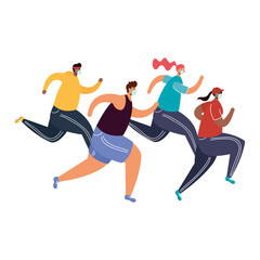 young people wearing medical masks running avatars characters