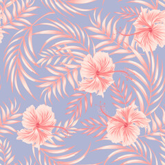 Tropical vector seamless background. Jungle pattern with exitic flowers, and palm leaves. Stock vector. Jungle vector vintage wallpaper