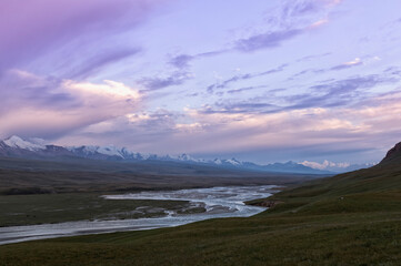 Fototapeta na wymiar River in the Sary Jaz valley at sunrise, Issyk Kul region, Kyrgyzstan