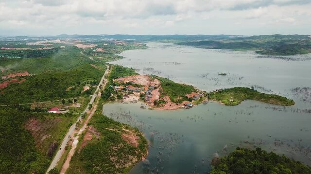 Aerial shot of village road & swamp   Barelang Batam Indonesia