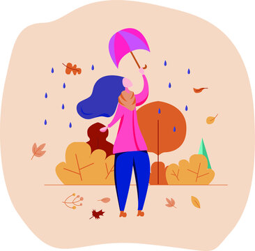 Girl walking in rain, autumn activity flat design vector illustration.