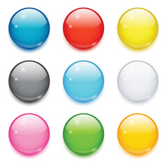 Vector set of 3d glossy round web buttons. Shiny colored spheres isolated on white background