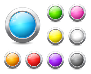 Vector set of colored round web buttons with metal frame. Glossy circle icons isolated on white background