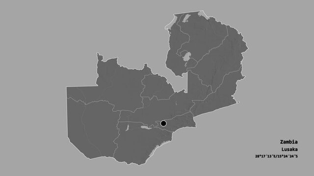 Luapula, province of Zambia, with its capital, localized, outlined and zoomed with informative overlays on a bilevel map in the Stereographic projection. Animation 3D
