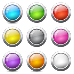 Vector set of colored round web buttons with metal frame. Shiny circle icons isolated on white background