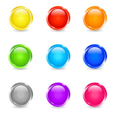Vector set of colored round glossy buttons. 3d shiny circle icons isolated on white background