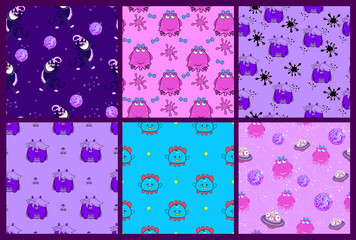 Childish bright set of six seamless patterns with funny monsters. Baby background in vector.