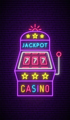 Slot machine neon sign. Bright neon signboard, light banner. Casino emblem. Vector illustration.
