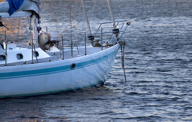 Fototapeta premium Front part or bow of a yacht on an over cast grey day