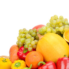 Fruits and vegetables isolated on a white background. Free space for text.