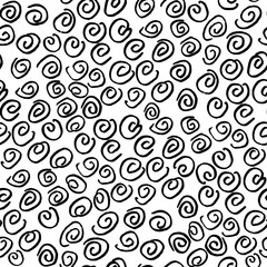 seamless hand drawn black and white trendy contemporary graphic pattern with groups of abstract dots shapes spirals doodles for textile wallpaper wrapping paper design minimalist geometric loose style