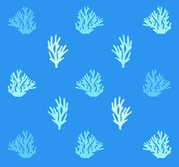 Summer blue background pattern. Sea, ocean, marine theme. Cute pattern with corals.