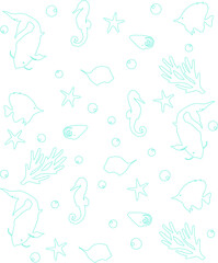 Summer background pattern. Sea, ocean, marine theme. Line pattern with corals, fishes, stars, shells and bubbles.