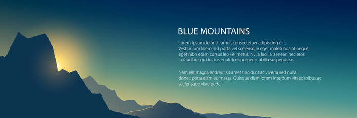 Banner at sunrise in the mountains in shades of blue, dim light at sunset in the mountains,vector illustration