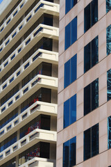 Cityscape of two office buildings in a business business district