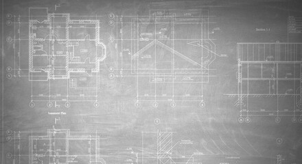 Architectural drafts on black board . Mixed media