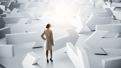 Business woman and maze . Mixed media