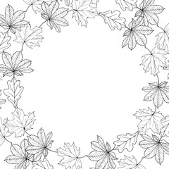 Monochrome frame with autumn leaves. Round frame with contour leaves for fashion, greetings, background for save the dates. Black and white. Vintage. Vector illustration.