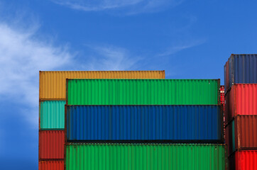 Stacked shipping containers with a blue sky background