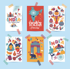 India set Asia country vector Indian architecture Asian traditions buddhism travel isolated icons and symbols in 6 cards.
