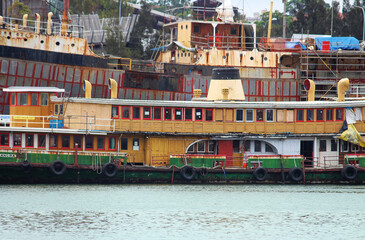 Ship yard in a bay with old Sydney ferry and the restoration of the John Oxley ship. Ship restoration. 