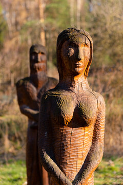TURNOV, CZECH REPUBLIC - APRIL 01, 2020: Spiritual Gateway to Bohemian Paradise - magical meadow with wooden sculptures near Turnov, Czech Republic