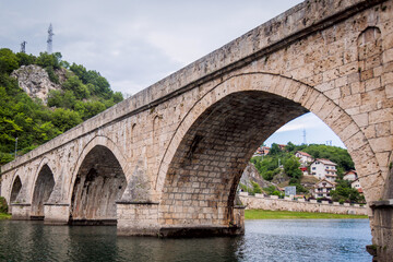 Historic bridge over the Drina River, Famous Tourist Attraction, The Mehmed Pasa Sokolovic Bridge in Visegrad, Bosnia and Herzegovina