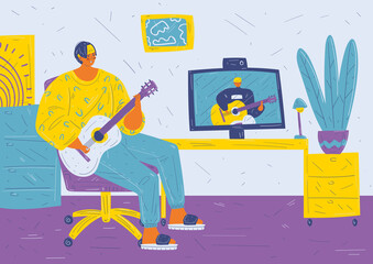Concepts of online guitar lessons. A young man sits in a room on an office chair with a guitar and have a video communication with a teacher or watches a video lesson. Funny cartoon flat character.