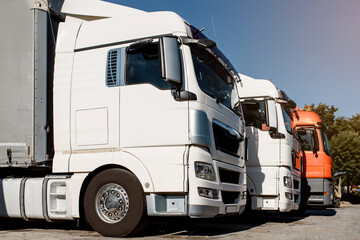 Fototapeta premium Lateral view of trucks staying in the truck parking on the sunset.