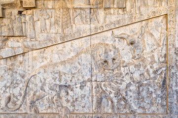 Persepolis, Apadana stairway facade, Ancient relief of the Achaemenids, Medes and Persians, Fars Province, Islamic Republic of Iran