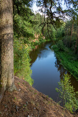 View to the river Salaca from high sandstone cliff in Skanaiskalns (Skaņaiskalns) Nature park in July in Mazsalaca in Latvia