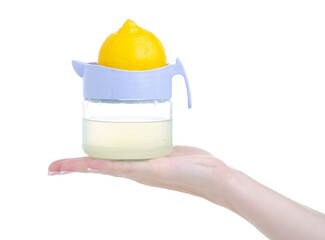 Lemon Juicer squeezer in hand on white background isolation