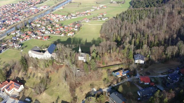 Aerial view, flight at Tiroler Achen, Marquartstein, Upper Bavarian district of Traunstein, Germany with Marquarstein Castle