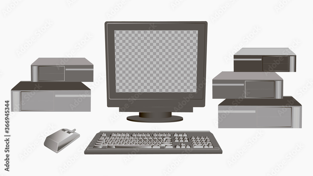 Poster old personal computer. retro gadget classic monitor with an outdated mouse and system equipment from