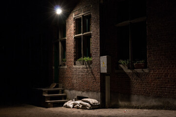 Façade éclairée dans une ruelle de nuit à Gand (Gent), Belgique