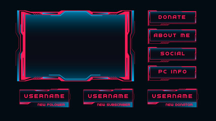 Streaming interface windows. Red frames with control panels broadcast of online games presentation and review of cyber players futuristic vector dark background. © Богдан Скрипник