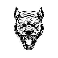 Illustration of head of angry pitbull in vintage monochrome style. Design element for logo, emblem, sign, poster, card, banner. Vector illustration