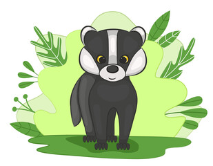 Cute little badger cub in a forest clearing. Green background with foliage and plants. Cartoon style. Vector illustration.