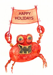 watercolor illustration of a cartoon red smiling funny crab with a poster in his hands and the inscription 