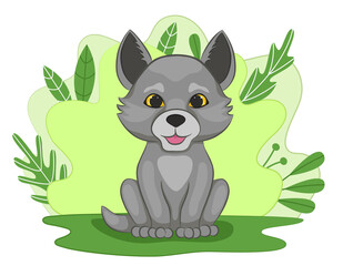 Cute little wolf cub on green forest glade. Pup on the background of foliage and plants. Cartoon style. Vector illustration.