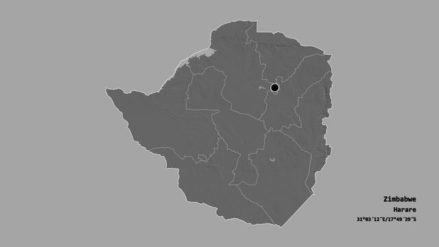 Midlands, province of Zimbabwe, with its capital, localized, outlined and zoomed with informative overlays on a bilevel map in the Stereographic projection. Animation 3D