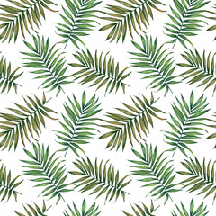 Fototapeta na wymiar Palm leaves watercolor seamless pattern. Hand painted background. For wrapping paper, textiles, wallpaper and fabric pattern.