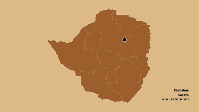 Midlands, province of Zimbabwe, with its capital, localized, outlined and zoomed with informative overlays on a solid patterned map in the Stereographic projection. Animation 3D