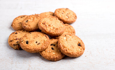 Freshly baked cookies with raisins and cashew nuts