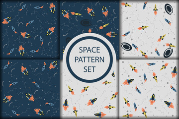 Vector space seamless pattern with planets, comets, constellations, rockets and stars. Sky illustration astronomical background. Use for textile, zodiac star yoga mat, phone case, notebook cover