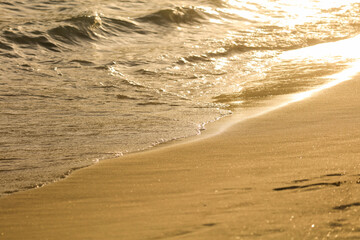 Water on the sandy shore at sunset.