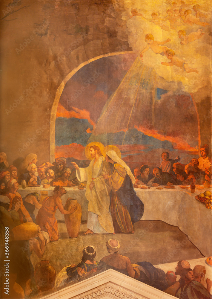 Wall mural BARCELONA, SPAIN - MARCH 3, 2020: The modern painting of The miracle at the wedding at Cana in the church Santuario Nuestra Senora del Sagrado Corazon by Francisco Labarta (20. cent.).